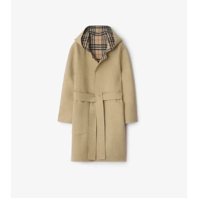 Abrigo cruzado reversible de lana con capucha