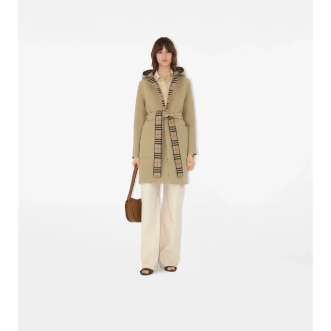 Abrigo cruzado reversible de lana con capucha