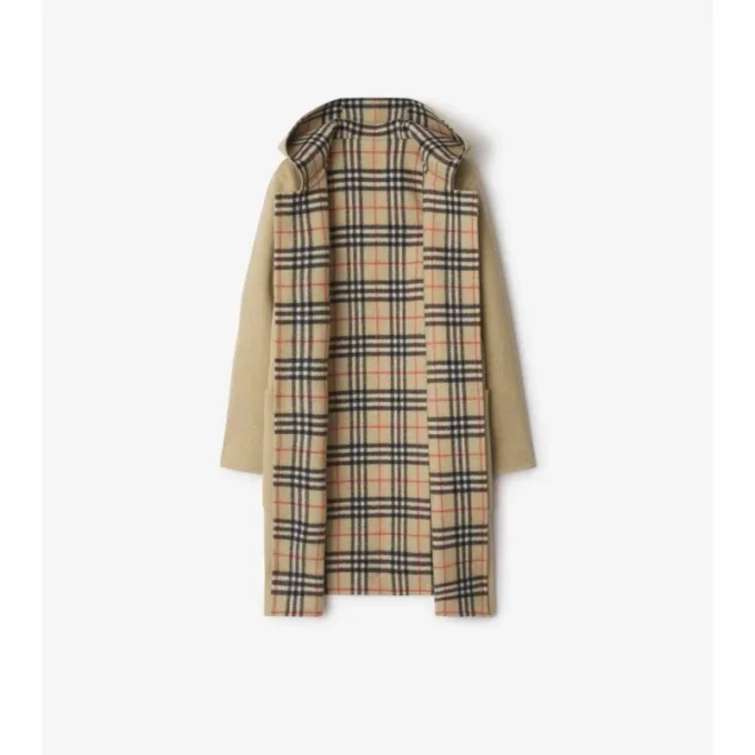 Abrigo cruzado reversible de lana con capucha