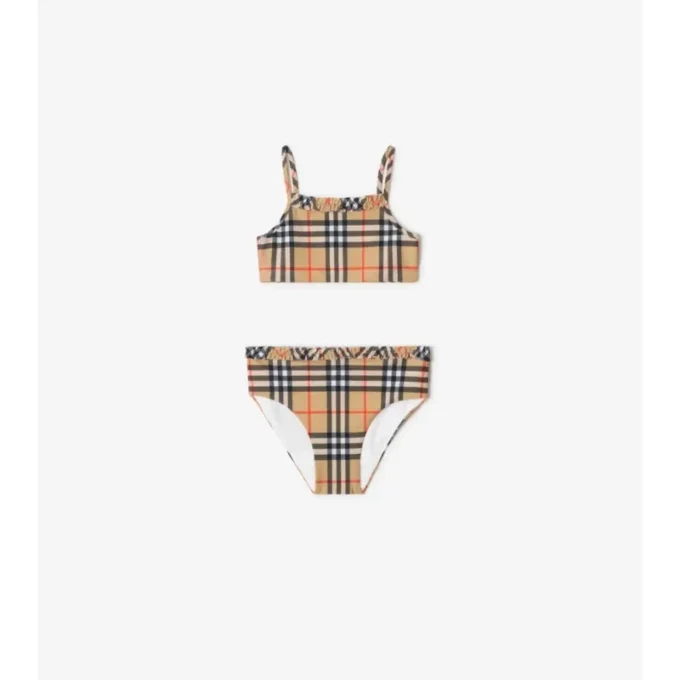 Bikini con estampado de cuadros y ribetes con volantes