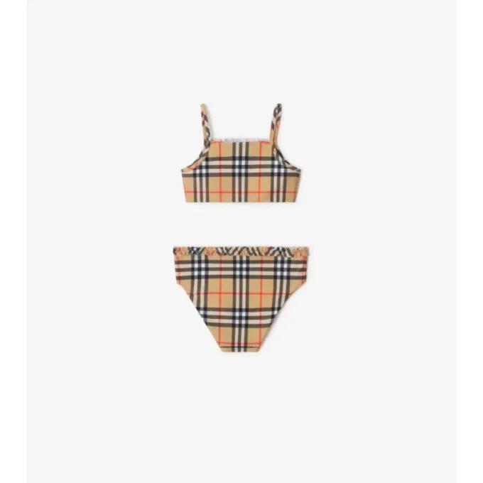 Bikini con estampado de cuadros y ribetes con volantes