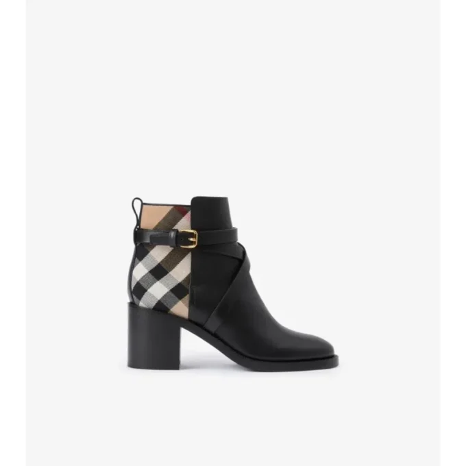 Botas de tacón con estampado de cuadros y piel