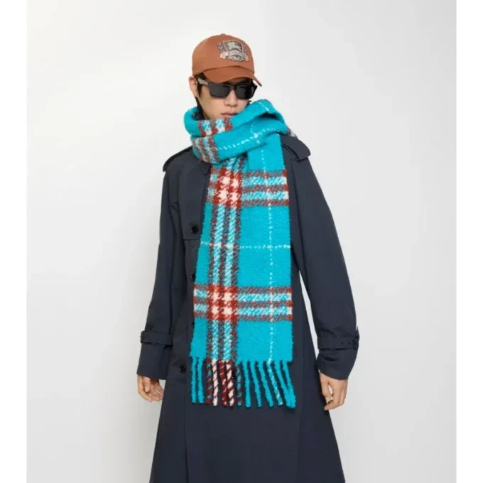 Bufanda de bouclé de mezcla de lana de alpaca con estampado de cuadros