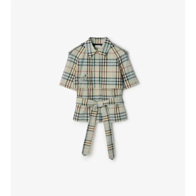 Camisa corta de lana y lino con estampado de cuadros