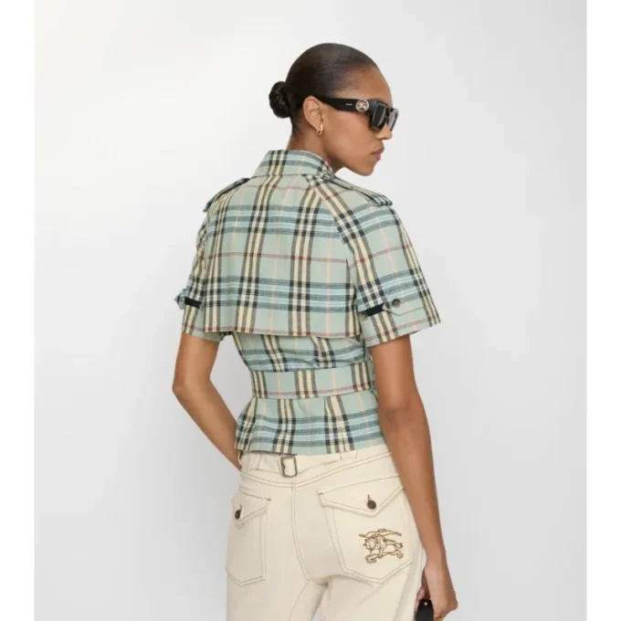 Camisa corta de lana y lino con estampado de cuadros