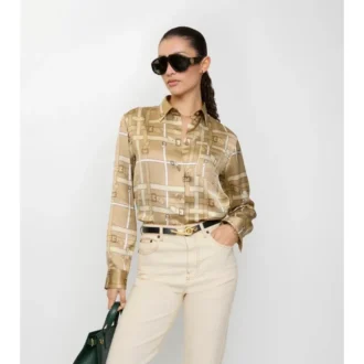 Camisas de viscosa con estampado de cuadros y cinturón, corte regular