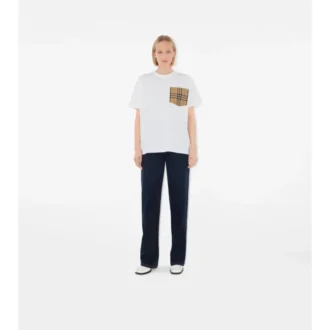 Camiseta de algodón con estampado de cuadros y bolsillo