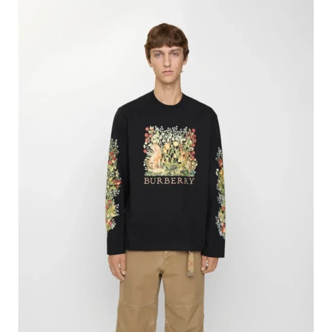 Camiseta de algodón de manga larga con estampado forestal