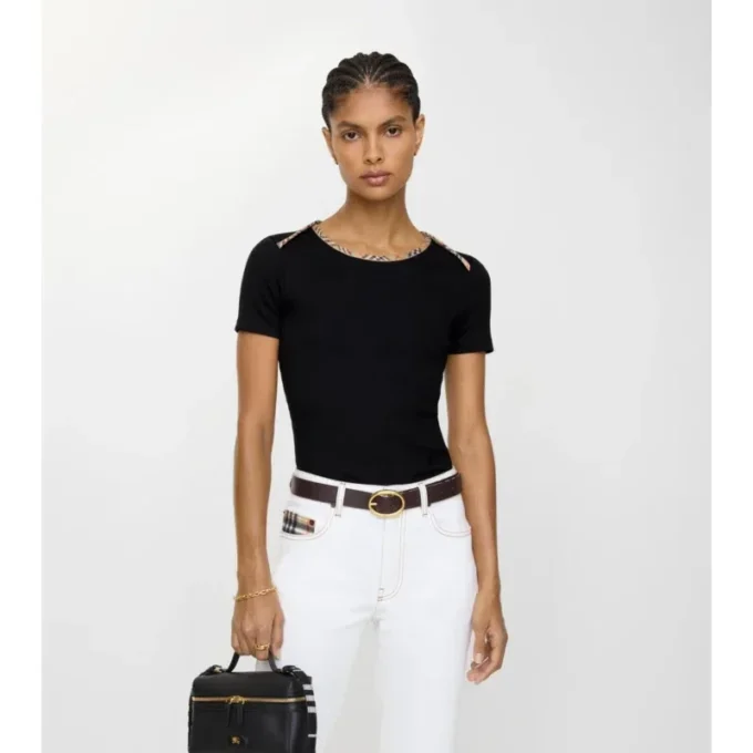 Camiseta de algodón elástico con ribete de cuadros