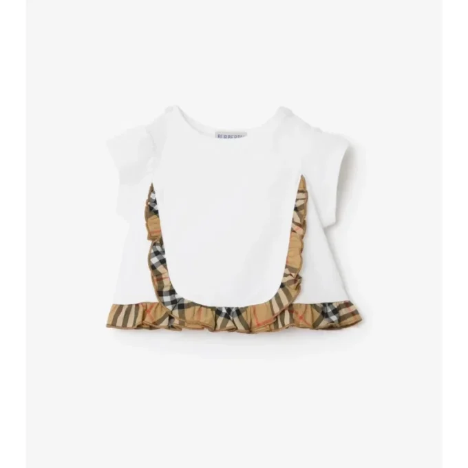 Camiseta de algodón elástico con volantes a cuadros