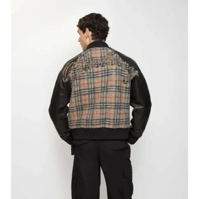 Chaqueta bomber de lana y piel con estampado de cuadros