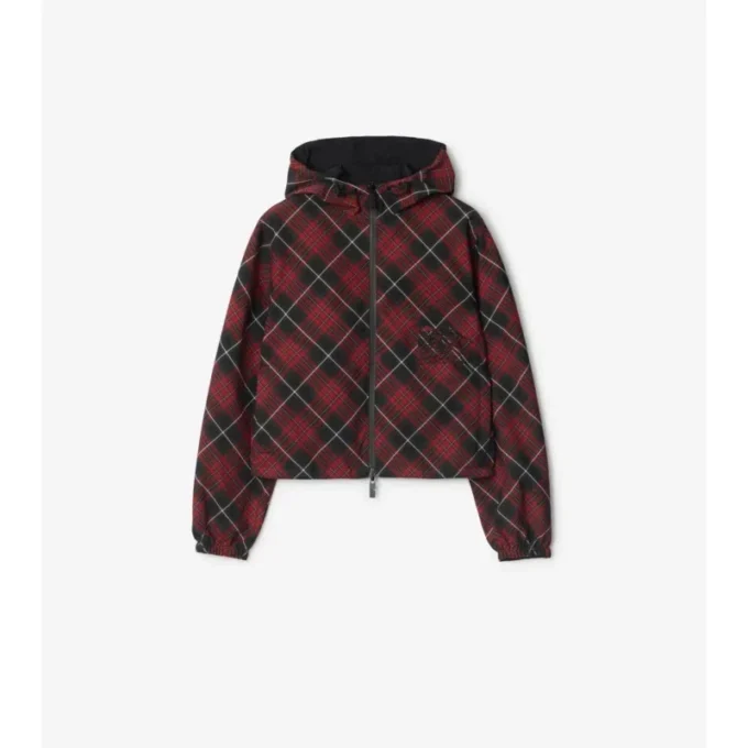Chaqueta reversible con capucha y estampado de cuadros, de corte corto