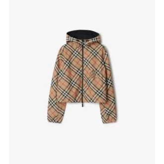 Chaqueta reversible con capucha y estampado de cuadros, de corte corto