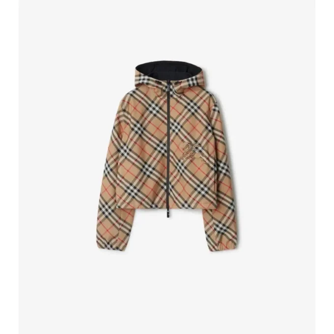 Chaqueta reversible con capucha y estampado de cuadros, de corte corto