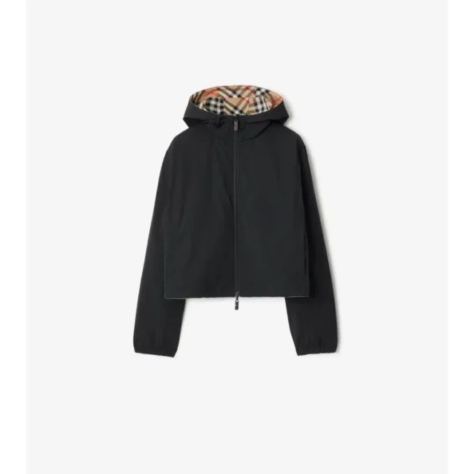 Chaqueta reversible con capucha y estampado de cuadros, de corte corto
