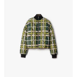 Chaqueta reversible corta de nailon con estampado de cuadros y cinturón