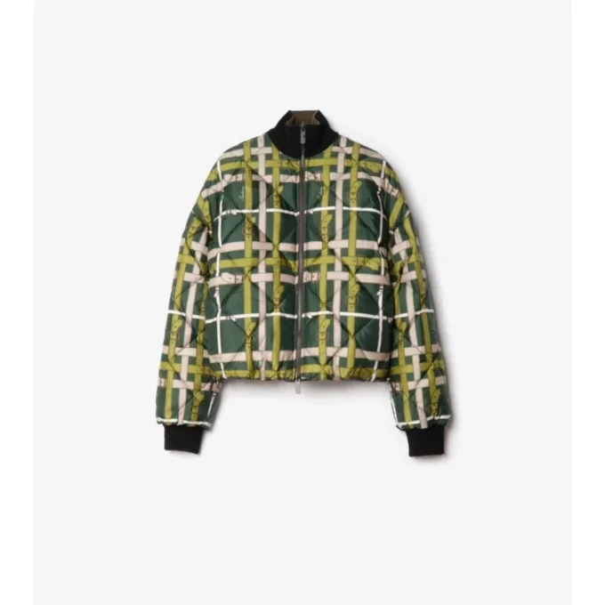 Chaqueta reversible corta de nailon con estampado de cuadros y cinturón
