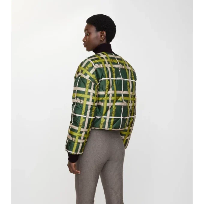 Chaqueta reversible corta de nailon con estampado de cuadros y cinturón