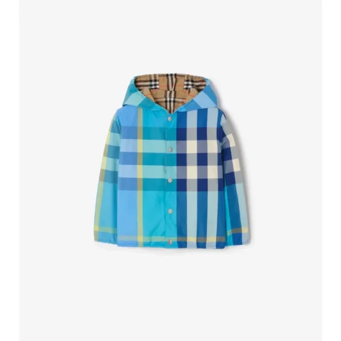 Chaqueta reversible de nylon con capucha y estampado de cuadros