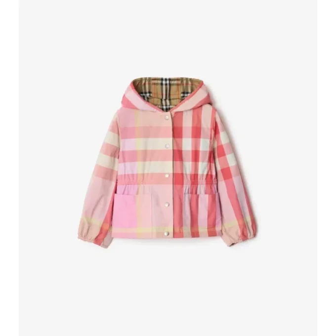 Chaqueta reversible de nylon con capucha y estampado de cuadros