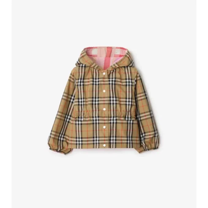 Chaqueta reversible de nylon con capucha y estampado de cuadros