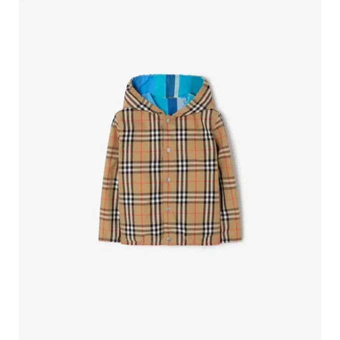 Chaqueta reversible de nylon con capucha y estampado de cuadros
