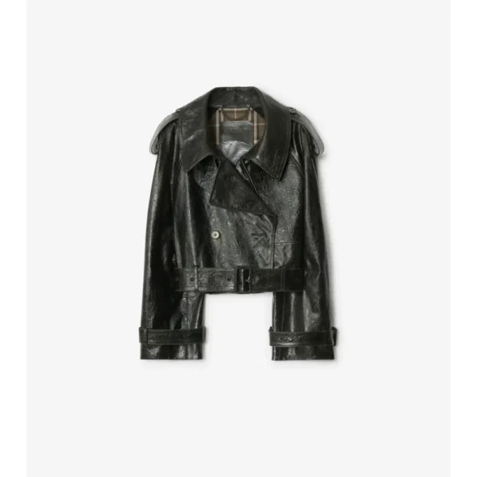 Chaqueta trench corta de cuero repujado
