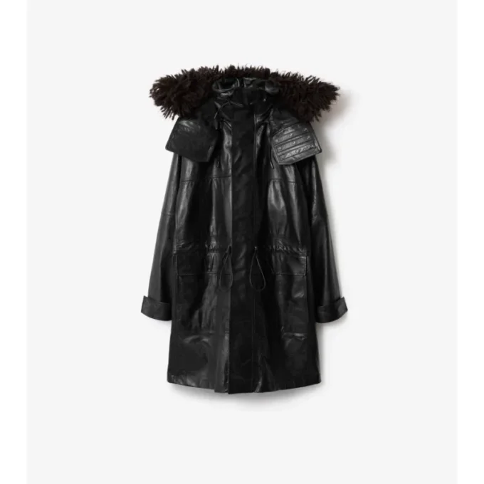 Parka de cuero con ribete de flecos desmontable