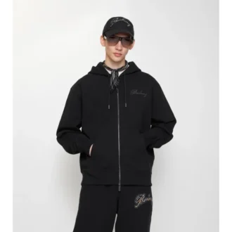 Sudadera con capucha y cremallera de algodón con logotipo cursivo a cuadros