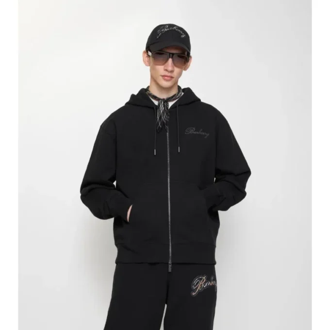 Sudadera con capucha y cremallera de algodón con logotipo cursivo a cuadros