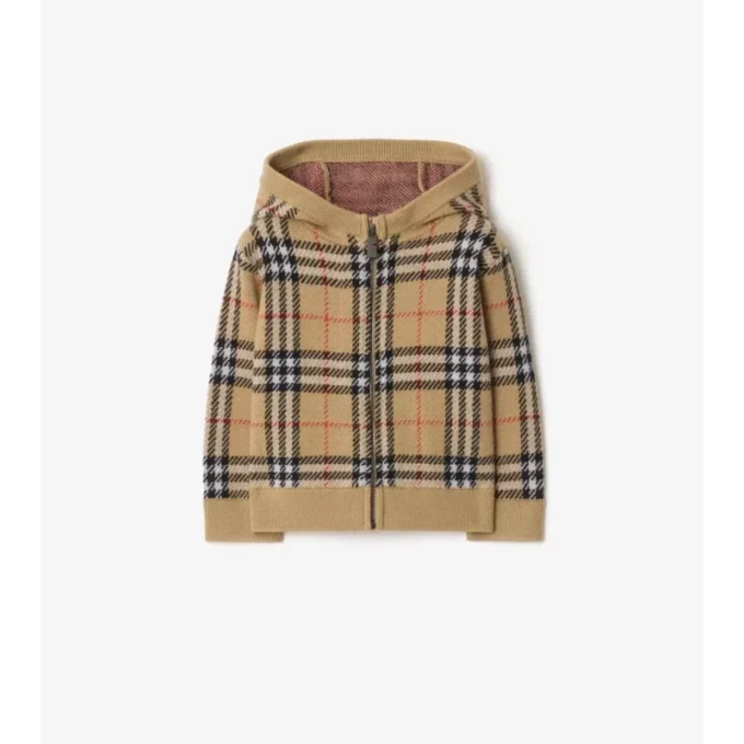 Sudadera con capucha y cremallera de lana a cuadros