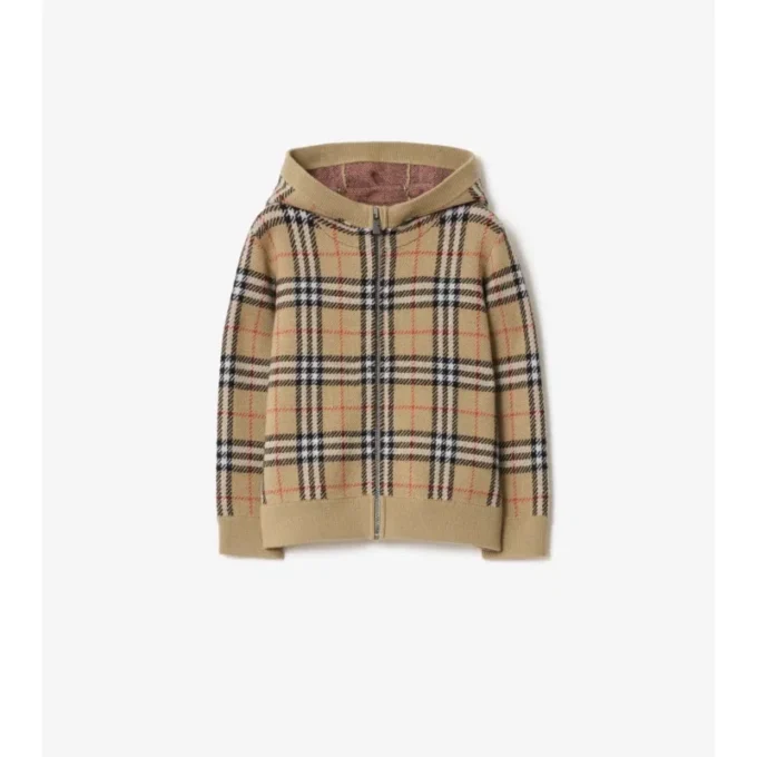 Sudadera con capucha y cremallera de lana a cuadros