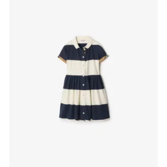 Vestido camisero de algodón a rayas con ribete de cuadros
