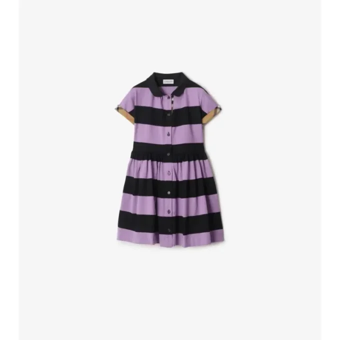 Vestido camisero de algodón a rayas con ribete de cuadros